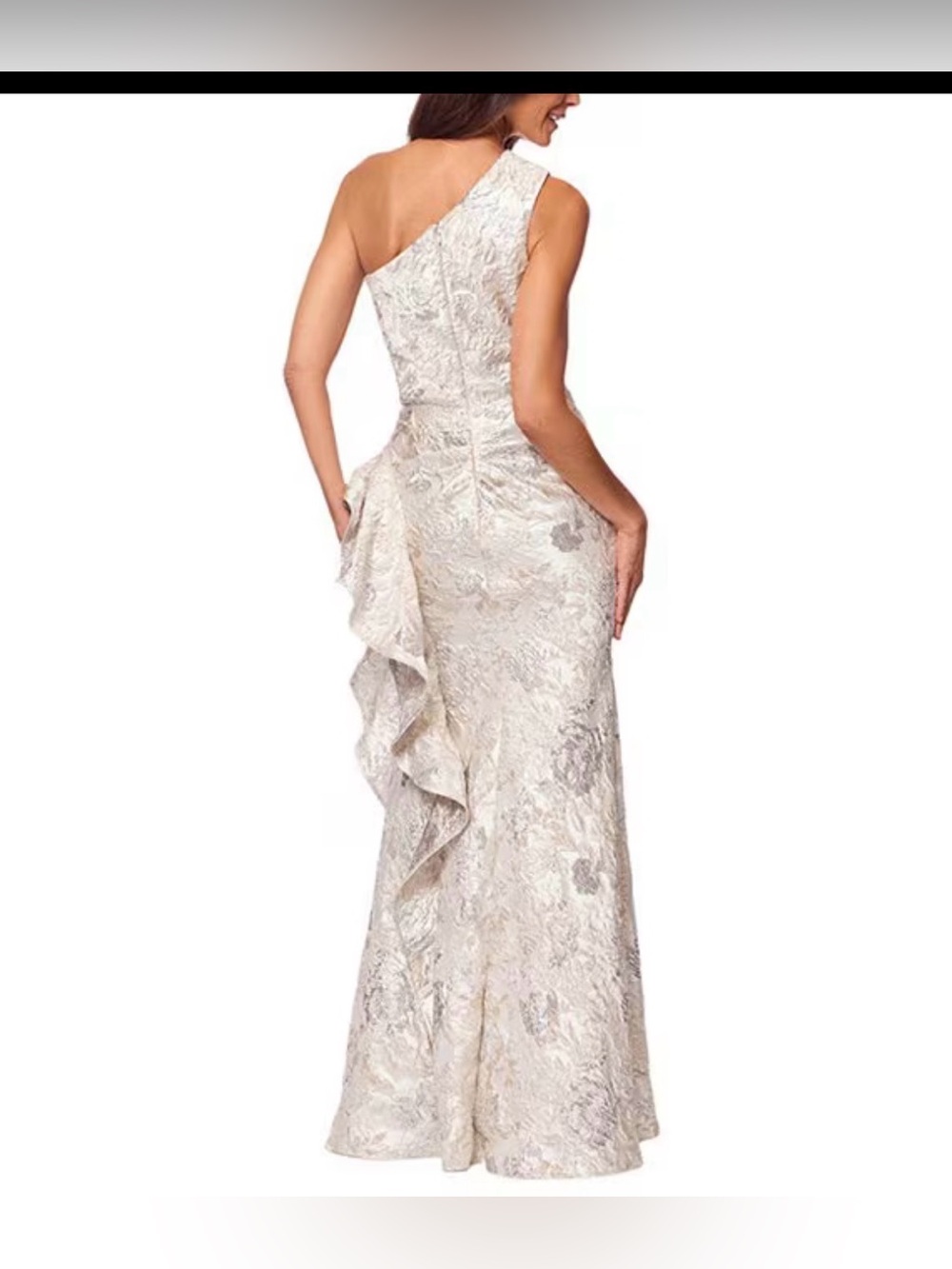 Xscape One-Shoulder Metallic Floral Evening Gown Champagne Gold. Size 14P. NWT - Picture 3 of 15